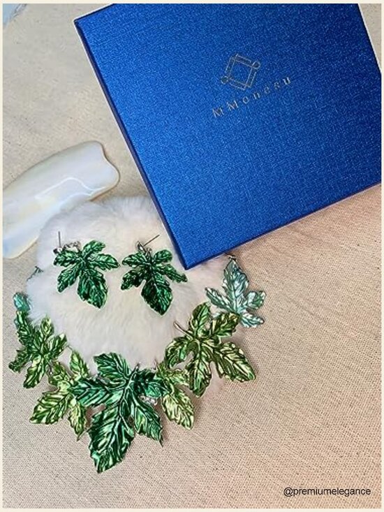 51DhYOEqwiL._AC_UY300_.jpg Chunky Leaf Floral Statement Necklace Earring Set Vintage Boho Jewelry